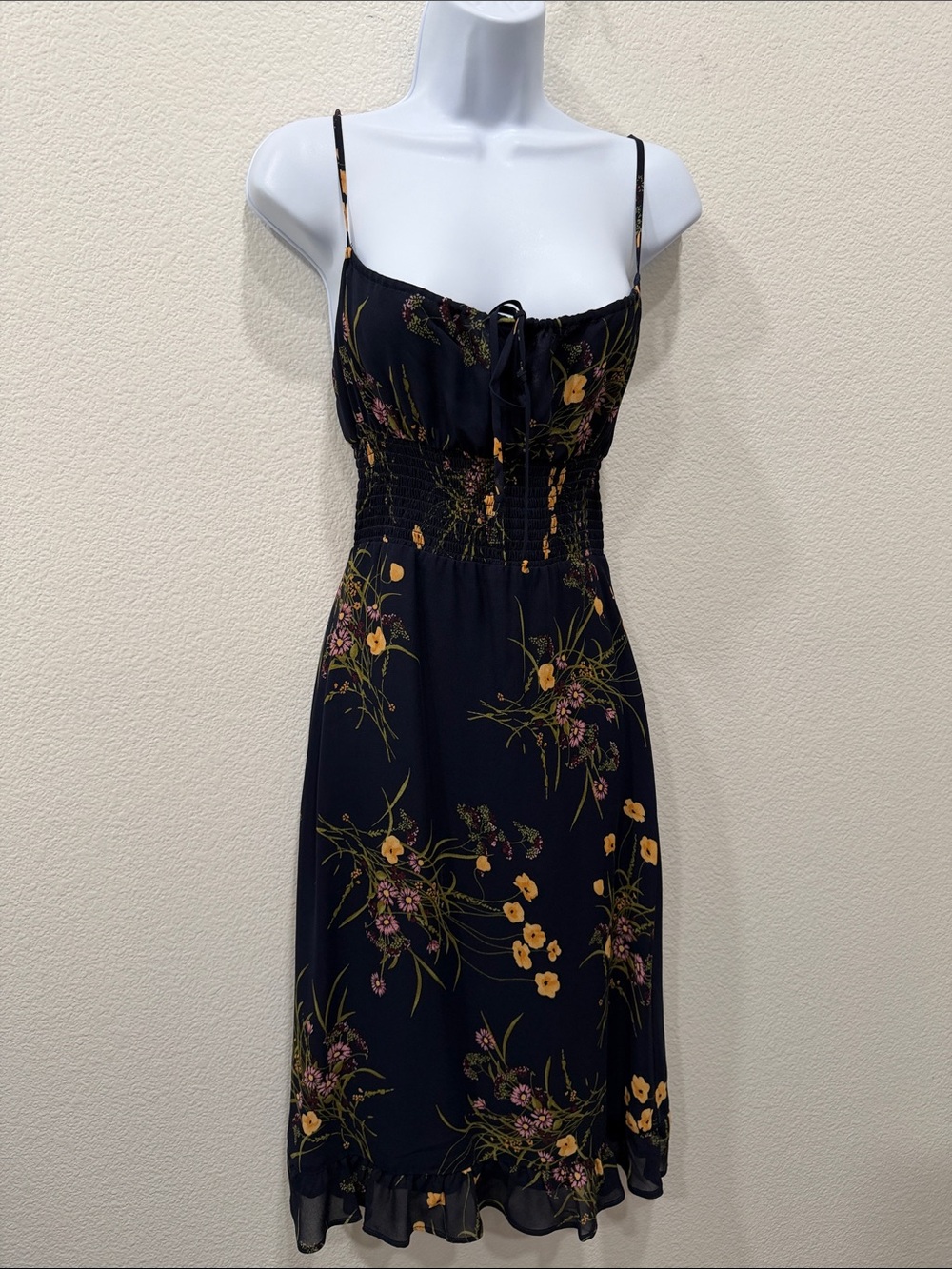 Reformation Navy Floral Smocked Midi Dress